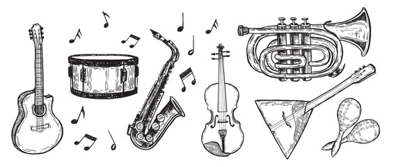 Musical instruments hand drawn illustration.	