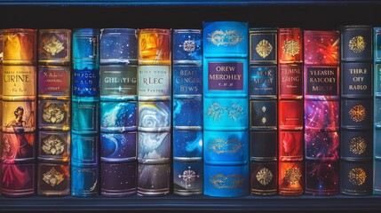 Fototapeta na wymiar Vibrant book covers on a library shelf, each depicting a moment frozen in time from its story