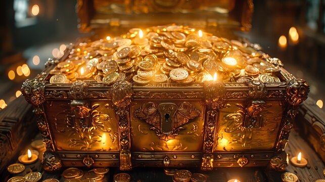 Open treasure chest full of golden shiny coins. 