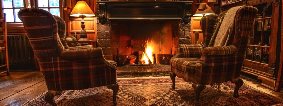 A cozy fireside scene with a crackling fire and comfortable armchairs.