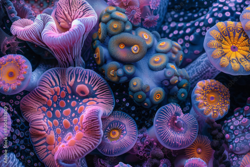 Poster a detailed pattern of alien flora and fauna, each element rendered in hyper-saturated colors to enha