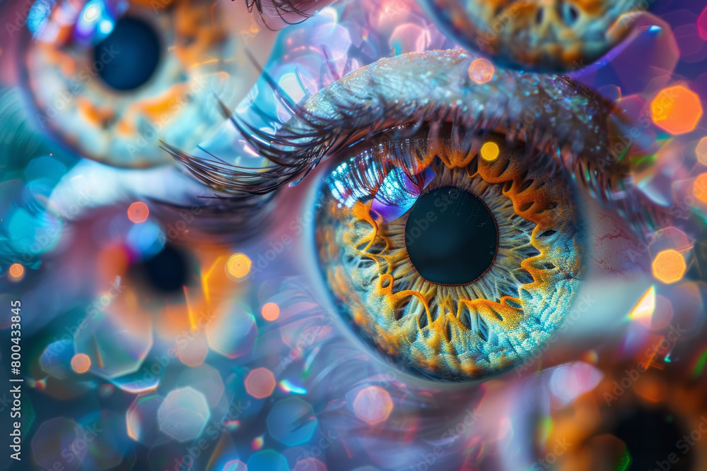 Poster an array of floating eyes, each iris filled with a unique kaleidoscopic pattern, set against a vibra