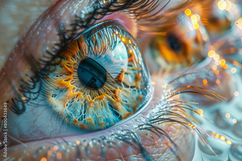 Poster an array of floating eyes, each iris filled with a unique kaleidoscopic pattern, set against a vibra