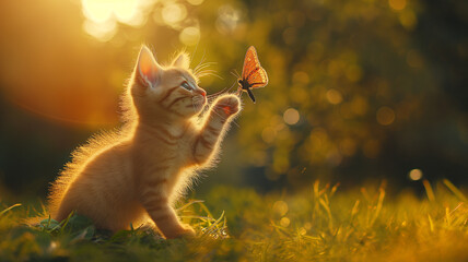 Kitten's Playtime with Butterfly in Sunset Light