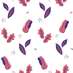 Pattern of hand drawn vector tropical pink leaves. Botanical green foliage elements. Exotic leaves and branches in minimalistic flat style isolated on white.