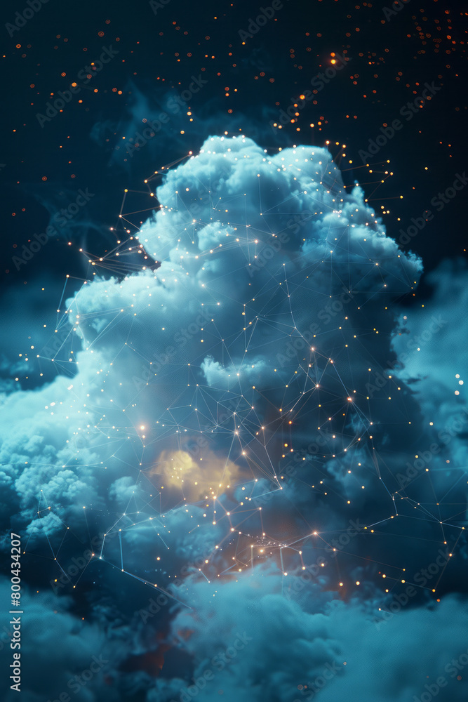 Poster a futuristic background showing a digital weather control system, with nodes and lines manipulating 