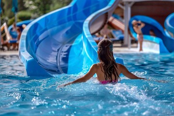 Rear view of young girl using water slide in swimming pool