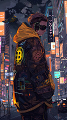 illustration of a cyberpunk image wearing a jacket with a bitcoin logo in the middle of a busy city