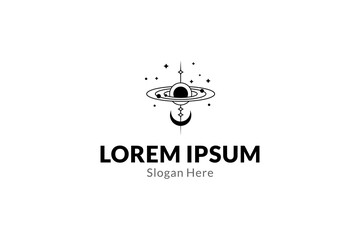 Solar system in outer space Logo design vector line art illustration