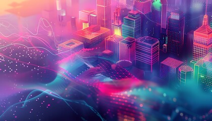 Isometric view of a cityscape, designed in a minimalist style with pastel colors and sharp pixel work, highlighting a tranquil, orderly city