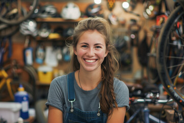 Smiling young woman working at a bicycle workshop. Concept for vocational training, equality and sustainable mobility.