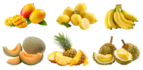 Collection of yellow orange fruits in pile group, lemon, banana, pineapple, mango, durian, cantaloupe, melon on transparent background cutout, PNG file. Mockup template for artwork design