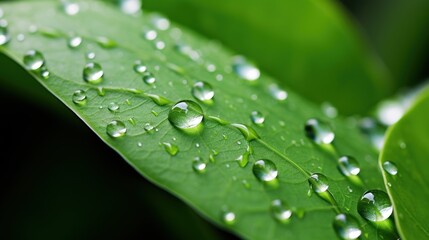 A leaf with water droplets on it. The droplets are small and scattered, giving the impression of a light rain. The leaf is green and he is fresh and healthy