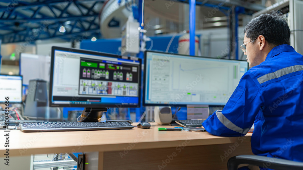 Wall mural engineer working at control room,manager control system,technician man monitoring program from a lot