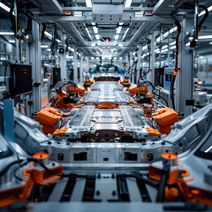 A factory floor with a conveyor belt of cars being built