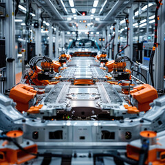 A factory assembly line with orange robots working on a car
