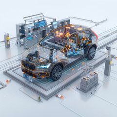A car is shown in a factory with a lot of wires and machinery