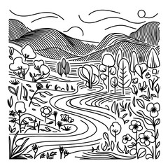 monochrome line art landscape illustration