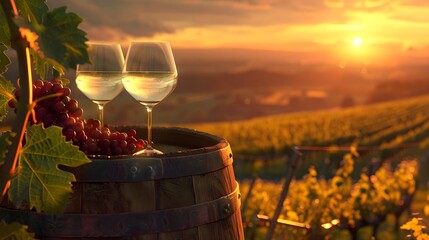 two glasses with white wine on the wine barrel, grape field background