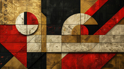 Striking contrasts unfold in geometric patterns of gold, red, and black.
