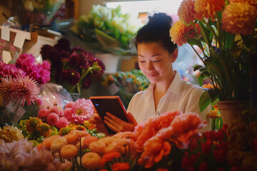 focused shot amidst the blooms of her flower shop, a woman radiates joy while using her tablet to oversee inventory, showcasing the seamless integration of technology and floral ar - obrazy, fototapety, plakaty
