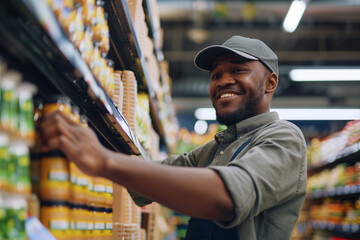 close-up shot capturing the warmth of a smiling African American supermarket worker in an apron and cap arranging goods on a shelf,