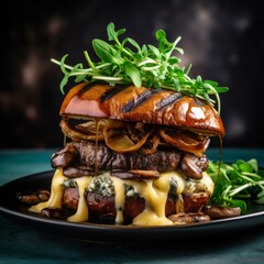 Grilled beef steak burger with beef patty, raclette cheese, mushroom sauce, candied onions, and rocket leaf