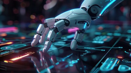 Futuristic Robotic Hands Control Science Data Technology Represent Future Powerful Technology Background