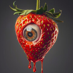 a red strawberry and eye on it isolated on dark background
