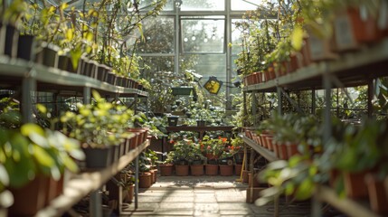 A greenhouse filled with plants and potted plants. The plants are arranged in rows and are of various sizes. The atmosphere is calm and peaceful, with the sunlight shining through the glass walls