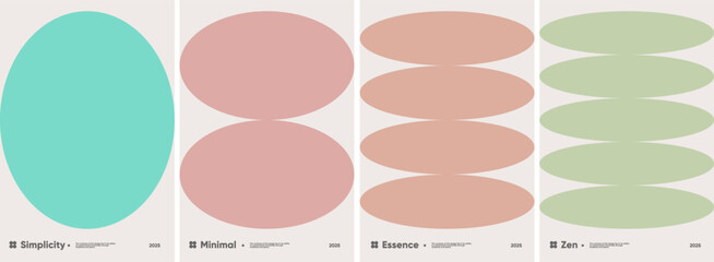 A minimalist posters featuring large, pastel-colored ovals and subtle typographic design, embodying a calming, modern aesthetic .