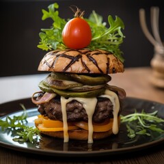 beef steak burger with beef patty, pickles, tomato, lettuce, raclette cheese, mushroom sauce, candied onions, and rocket leaf 