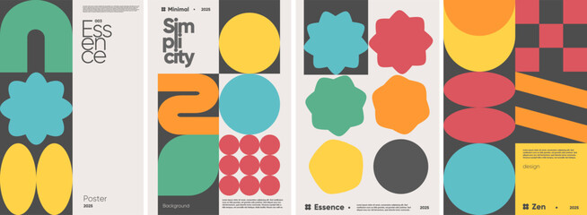 Series of four minimalist typographic posters with abstract shapes and a limited color palette, reflecting modern design trends.