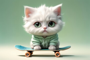 cute kitten with a skateboard, isolated on a light green background - obrazy, fototapety, plakaty