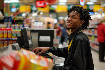heartwarming photo scene unfolds as an American supermarket cashier, with a genuine smile, engages customers with warmth and professionalism at the checkout counter,