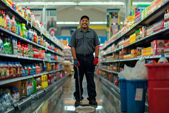 Against the backdrop of gleaming aisles, a smiling American supermarket janitor proudly maintains cleanliness, exuding positivity in every sweep,