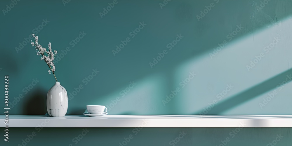 Poster vase with a flower in it sitting on a shelf next to a cup and saucer on a table