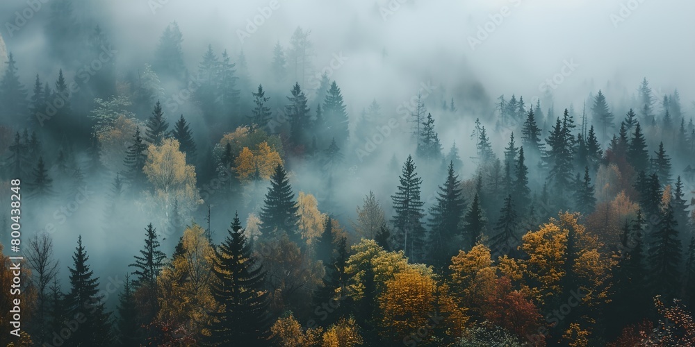 Poster forest filled with lots of trees covered in fog and mist in the distance