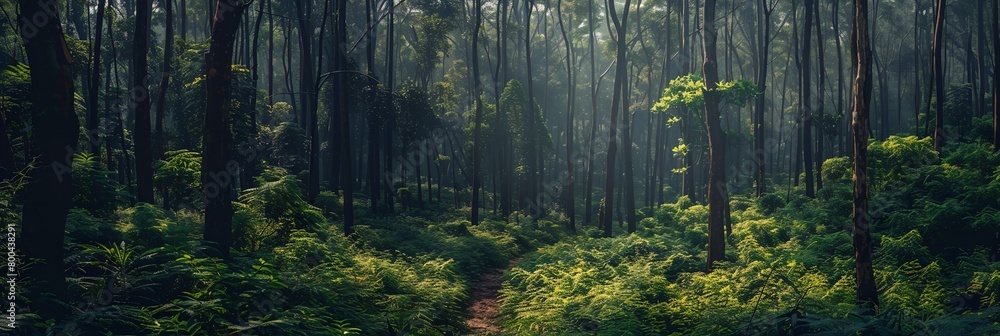 Poster a path in a forest with lots of trees and ferns on the sides of it