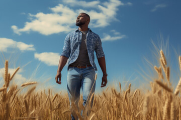 Naklejka na ściany i meble Young man walking in wheat agriculture field.