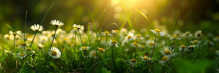 a field of daisies in the sunlight with the grass