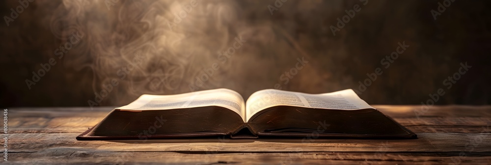 Poster a book is open on a wooden table with steam rising from it's pages and a blurry background