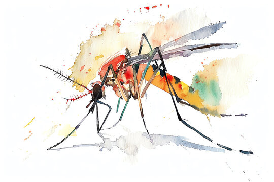 Minimalistic watercolor of a Mosquito on a white background, cute and comical.