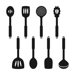 Kitchen black icons set. Kitchen utensils icon set. Tools for cooking. Spatulas, spoons for turning food. Utensils for cooking. Vector illustration.