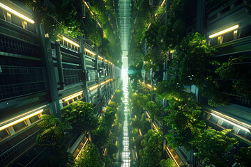 Obraz premium Step into the future of farming with a visually stunning portrait of a vertical farm enveloped in the gentle glow of LED lighting, a revolutionary concept merging innovation and ec