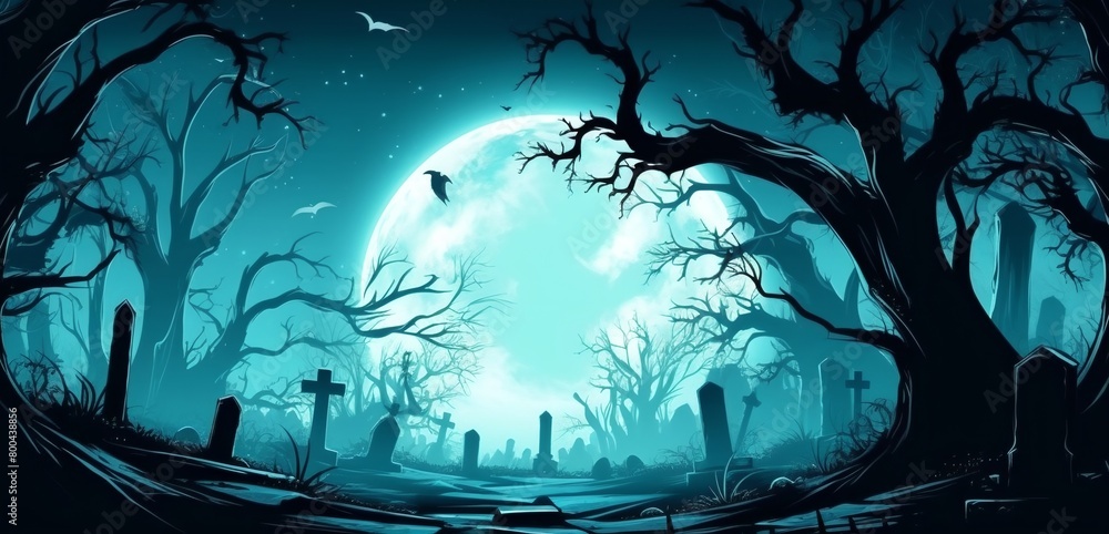 Aufkleber a creepy graveyard with a full moon in the background and a cemetery in the foreground with bats and