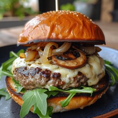 beef steak burger with beef patty, raclette cheese, mushroom sauce, candied onions, and rocket leaf in black tray