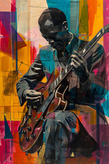 Afro-American male blues jazz guitarist musician playing an electric guitar in an abstract music style painting for a poster or flyer, stock illustration image