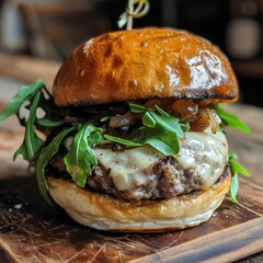 close up of beef steak burger with beef patty, raclette cheese, mushroom sauce, candied onions, and rocket leaf served in paper on a wooden