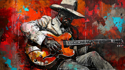 Afro-American male blues jazz guitarist musician playing an electric guitar in an abstract music style painting for a poster or flyer, stock illustration image